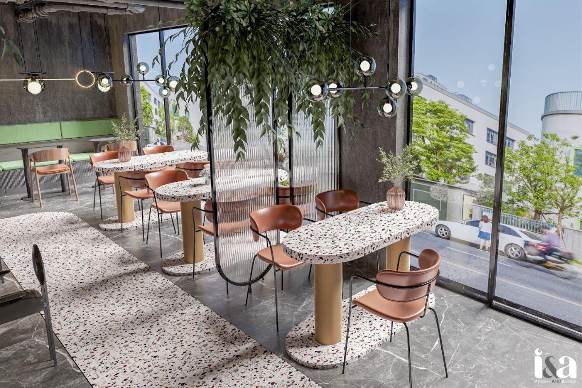 bàn terrazzo trong không gian quán cà phê